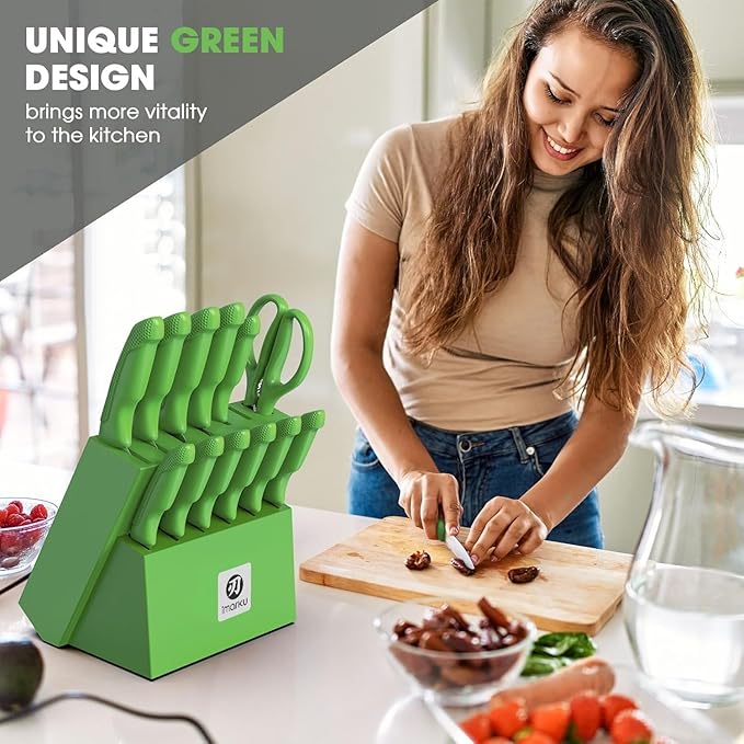 imarku® Knife Set with Block, Sharp Knife Sets with Built-in Sharpener, Japanese Stainless Steel Kitchen Knife Set with Non-Slip Ergonomic Handle, Dishwasher Safe, Best Holiday Gift, Teal Green - Image 7