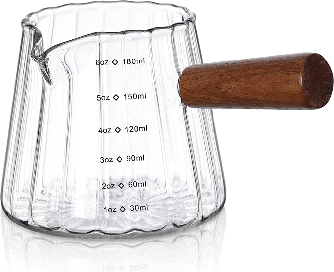 Joeyan 6 oz Glass Measuring Cups with Spout,Borosilicate Glass Triple Pitcher with Scale,Origami Style Espresso Shot Glasses with Wood Handle for Coffee Milk,Dishwasher Safe by JoeyanHousehold