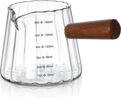Joeyan 6 oz Glass Measuring Cups with Spout,Borosilicate Glass Triple Pitcher with Scale,Origami Style Espresso Shot Glasses with Wood Handle for Coffee Milk,Dishwasher Safe by JoeyanHousehold
