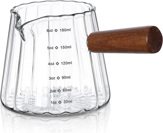 Joeyan 6 oz Glass Measuring Cups with Spout,Borosilicate Glass Triple Pitcher with Scale,Origami Style Espresso Shot Glasses with Wood Handle for Coffee Milk,Dishwasher Safe by JoeyanHousehold