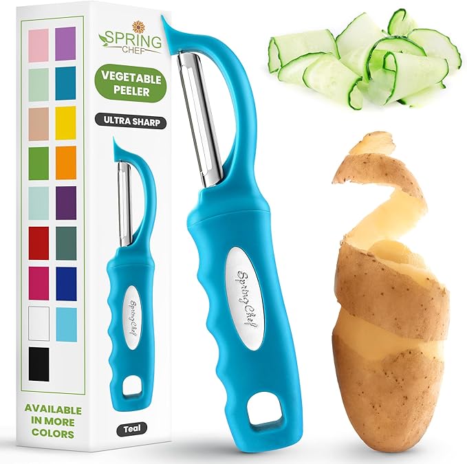 Spring Chef Premium Swivel Vegetable Peeler, Comfortable Handle and Ultra Sharp Stainless Steel Blades - Perfect Kitchen Peeler For Veggie, Fruit, Potato, Carrot, Apple - Teal by SpringChef