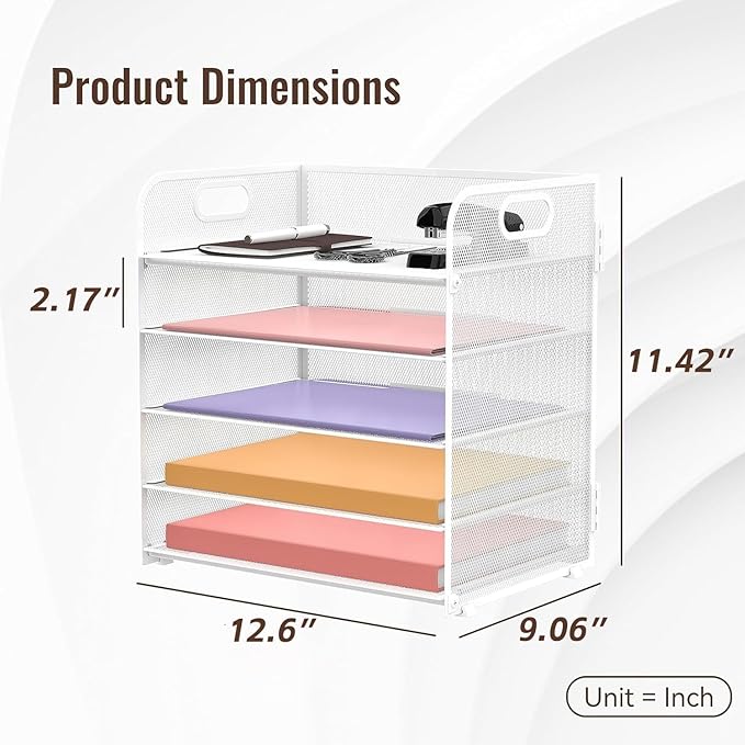 Supeasy 5 Trays Paper Organizer Letter Tray with Handle-Mesh Desk File Holders, Paper Sorter Desk Organizer for Office, Home, Classroom or School, White - Image 5
