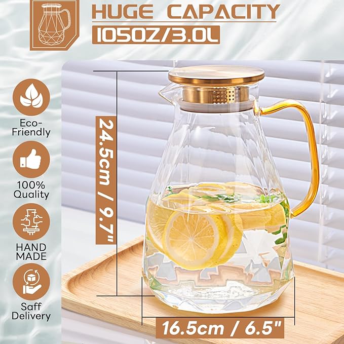 Yirilan Glass Pitcher, 3 Liter Water Carafe With Lid, Iced Tea Pitcher for Fridge - Image 2