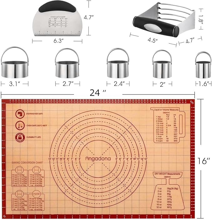 Biscuit Cutter,Pastry Cutter, Bench Scraper, Silicone Pastry Dough Baking Mat Set, Baking Tools and Accessories Kit - Image 2