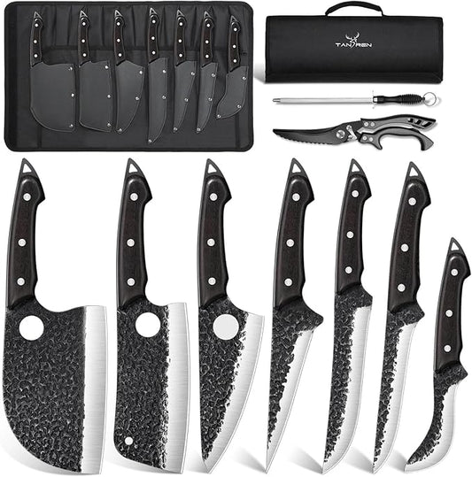 TAN REN 7PCS BBQ Knife Set, Professional Butcher Knives for Meat Cutting, Hand Forged Serbian Chef Knife, Viking, Boning, Skinning Knives & Poultry Shears, Idea Gift for Men Kitchen Outdoor Cooking