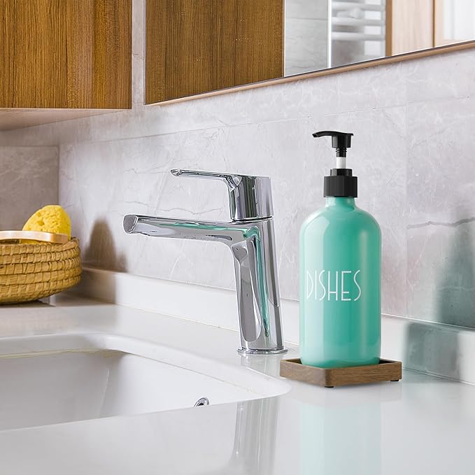 Turquoise Glass Dish Soap Dispenser with Acacia Wood Tray, 16 oz Refillable Kitchen Soap Pump Bottle, Decorative Teal Countertop Soap Dispenser Set for Kitchen, Bathroom, Restaurant - Image 6