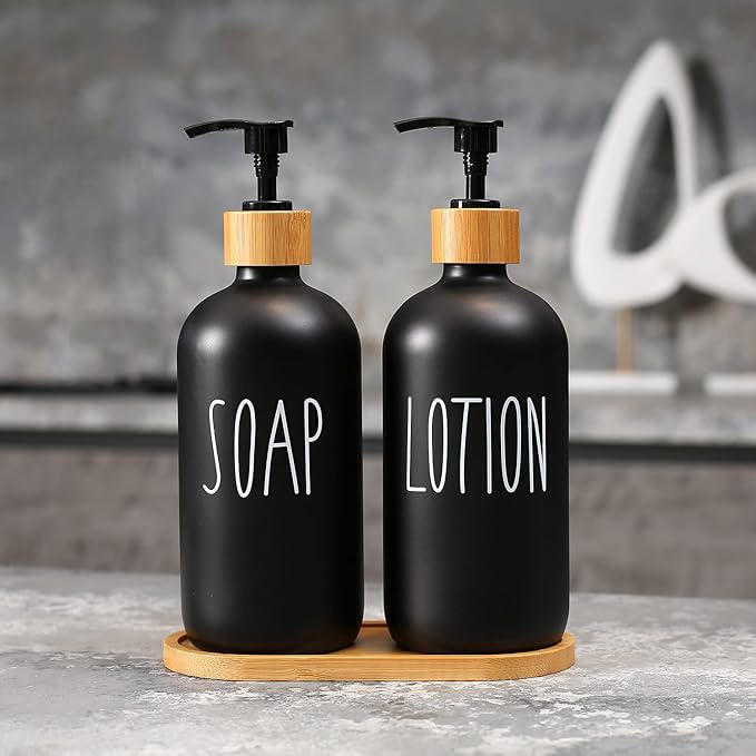 MOMEEMO Black Soap Dispenser Bathroom Set, Hand Soap and Lotion Set Suitable for Bathroom Decor. (Black) - Image 2
