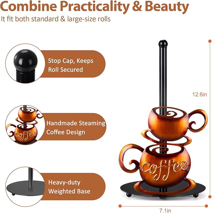 Standing Paper Towel Roll Holder Countertop for Coffee Lovers Women Men, Farmhouse Kitchen Decor and Accessories, Coffee Table Decor for Kitchen Home, 3D Hand-Painting Pattern, Metal - Image 2