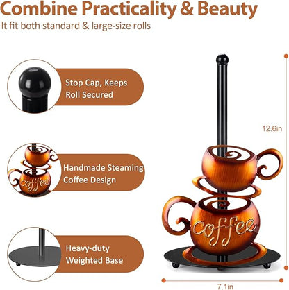 Standing Paper Towel Roll Holder Countertop for Coffee Lovers Women Men, Farmhouse Kitchen Decor and Accessories, Coffee Table Decor for Kitchen Home, 3D Hand-Painting Pattern, Metal - Image 2