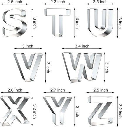 Alphabet Letter Cookie Cutters Shapes Large 3 Inch - 26 Pcs Stainless Steel Cookie Cutter Set Fondant Biscuit Fruit Dough Mold Tools for Birthday, Christmas, New Year and Holiday Party Decorations