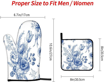 LOKMU Oven Mitts and Pot Holders Set of 3, White Blue Floral Vintage Flowers Heat Resistant Kitchen Gloves Hot Pads for Cooking Baking BBQ, Kitchen Decor Gifts for Cooking Lover Cooks