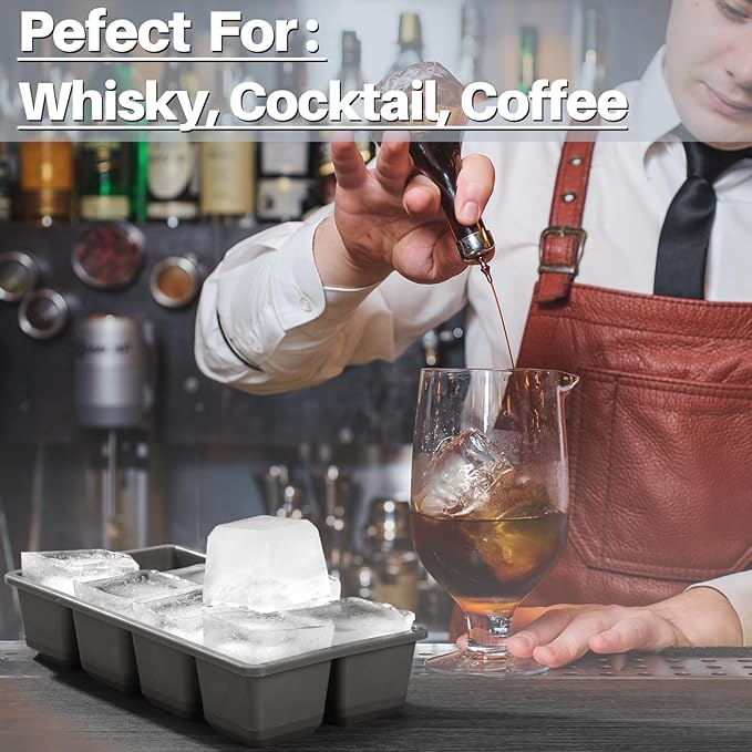 Large Ice Cube Trays with Lid, Jrisbo 2 Pack Stackable Silicone Ice Cube Molds for Freezer, Easy Release 16 Big Square Ice Trays for Whisky Cocktails (Pure Gray) - Image 3
