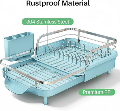 SNTD Dish Drying Rack, Expandable Dish Rack for Kitchen Counter, Stainless Steel Dish Drainer with Drainboard Set and Utensil Holder (Blue) - Image 5