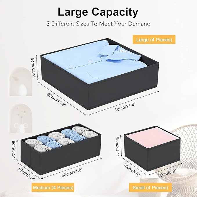 DIMJ Drawer Organizer 15 Pack - Foldable Baby Organizers and Storage & Dresser Organizer for Nursery, Bedroom, Closet - Nursery Organization Dresser Dividers for underwear, Sock,Bra, Belt, Tie，Black - Image 3