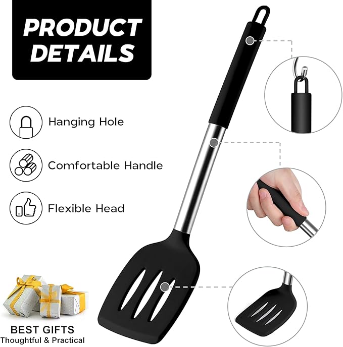 Onader Kitchen Utensils Set, 15 Pcs Silicone Cooking Utensils Set with Holder and Heat Resistant Stainless Steel Handle for Nonstick Cookware - Black - Image 4