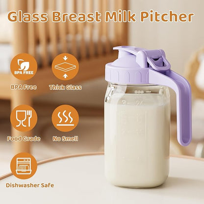 Breast Milk Pitcher, Mason Jar 32 oz, Heavy Duty Wide Mouth Jar with Purple Flip Cap Lid and Pour Spout, Formula Pitcher Airtight Seal for Freshness and Convenience, Great for Cold Beverages - Image 5