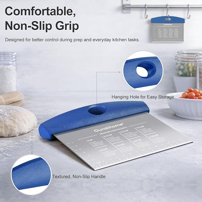 Ourokhome 2 Pack Bench Scraper Dough Cutter, Stainless Steel Dough Scraper with Laser-Etched Scale, Conversion Chart, Non-Slip Handle, Dishwasher Safe for Bread & Pastry, Blue - Image 5