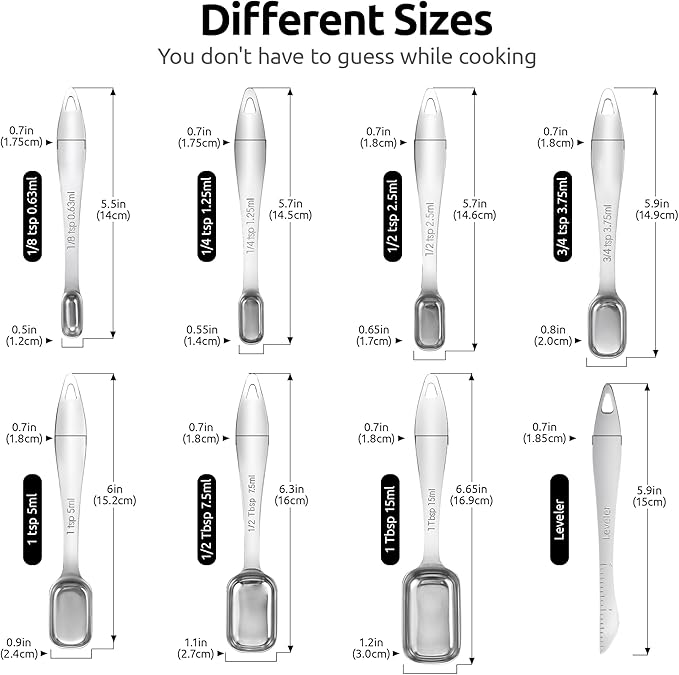 U-Taste Narrow Square Measuring Spoons: 18/8 Stainless Steel Kitchen Measure Teaspoon Tablespoon with Leveler, Polygon Rectangular Metal Jar Scoop for Baking Cooking, Coffee, Spice, Powder (Set of 8) - Image 2