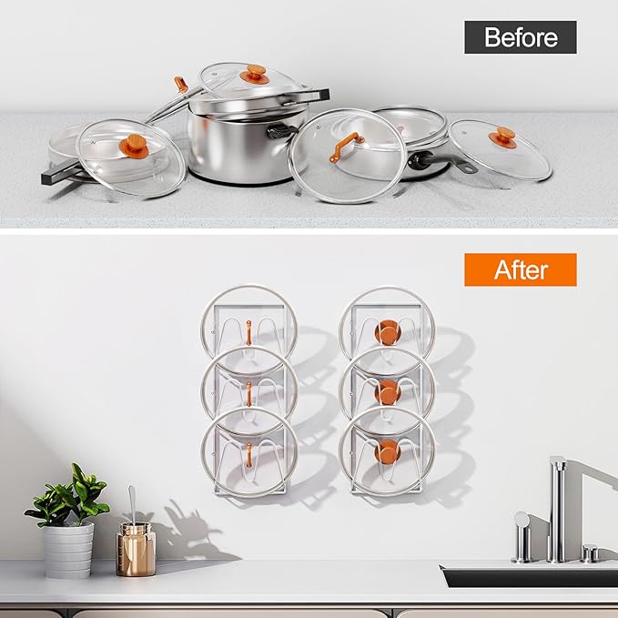Durmmur 2 Pack Pot Lid Organizer Rack, 6-Tier Pot Lids Holder for Cabinet Door/Wall, No Drilling Adhesive Wall/Door Mounted Rustproof Pot and Pan Cover for Kitchen Storage, White - Image 6