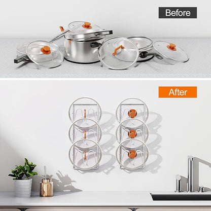 Durmmur 2 Pack Pot Lid Organizer Rack, 6-Tier Pot Lids Holder for Cabinet Door/Wall, No Drilling Adhesive Wall/Door Mounted Rustproof Pot and Pan Cover for Kitchen Storage, White - Image 6