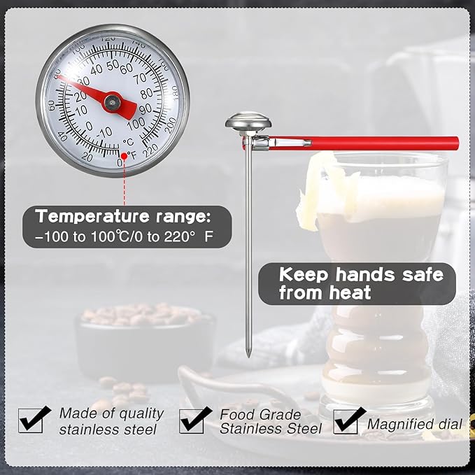 Xuhal 6 Pcs Stainless Steel Kitchen Thermometer with 5 Inch Long Stem 1 Inch Dial Thermometer Milk Frothing Food for Oven Probe Meat Grill BBQ Cooking Chocolate Water(Black, Red, White) - Image 4
