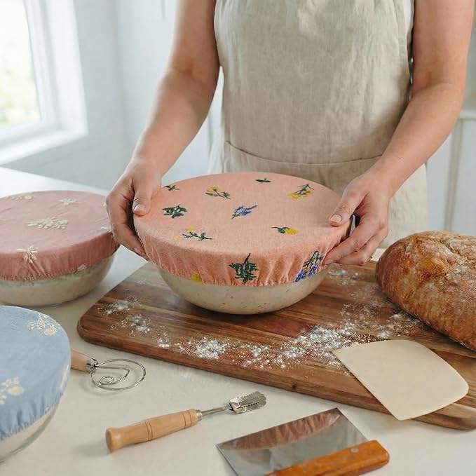 Reusable Bowl Covers (Set of 4) - Breathable Cotton Linen Sourdough Accessories - Elastic Durable Fabric Food Lids for Proofing Baskets & Bread Baking Supplies (Dusty Peach) - Image 6