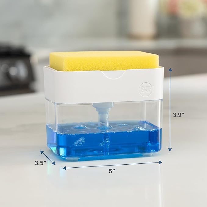 S&T INC. Dish Soap Dispenser and Sponge Holder for Kitchen Sink with Enhanced Features, Sponge Included, 13 Ounces, Matte White - Image 6