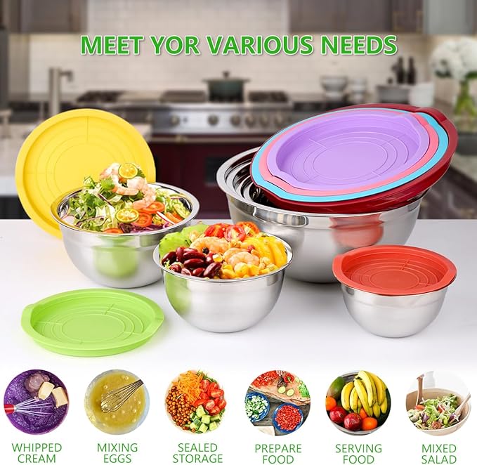 Leidawn Mixing Bowls with Lids for Kitchen - 25 PCS Stainless Steel Nesting Colorful Mixing Bowls Set for Baking,Mixing,Serving & Prepping,Size 5, 3.7, 2.8, 2.3, 1.7, 1.1, 0.7QT,11 Cooking Utensils - Image 7