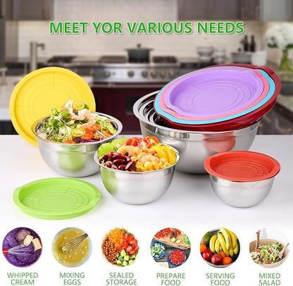 Leidawn Mixing Bowls with Lids for Kitchen - 25 PCS Stainless Steel Nesting Colorful Mixing Bowls Set for Baking,Mixing,Serving & Prepping,Size 5, 3.7, 2.8, 2.3, 1.7, 1.1, 0.7QT,11 Cooking Utensils - Image 7