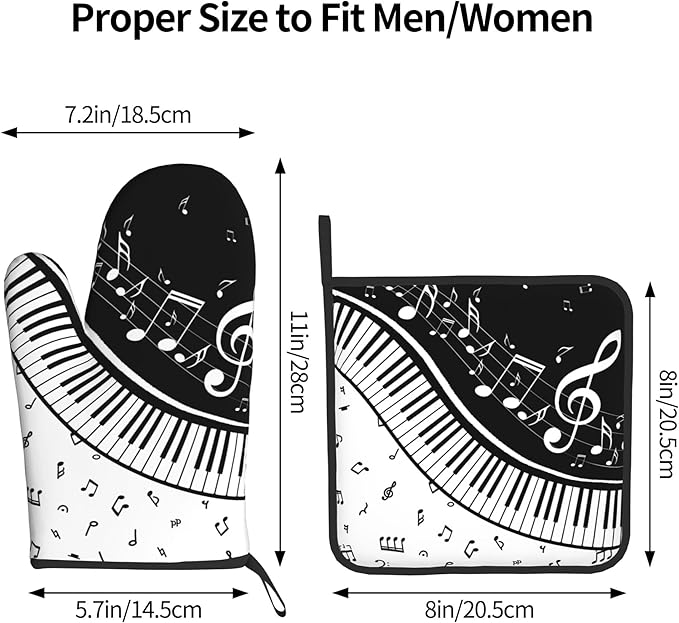 Oven Mitt and Pot Holders Sets - Music Kitchen Mitts Black White Piano Oven Gloves Hot Pads Set of 2 for Cooking BBQ Baking Grilling - Image 3