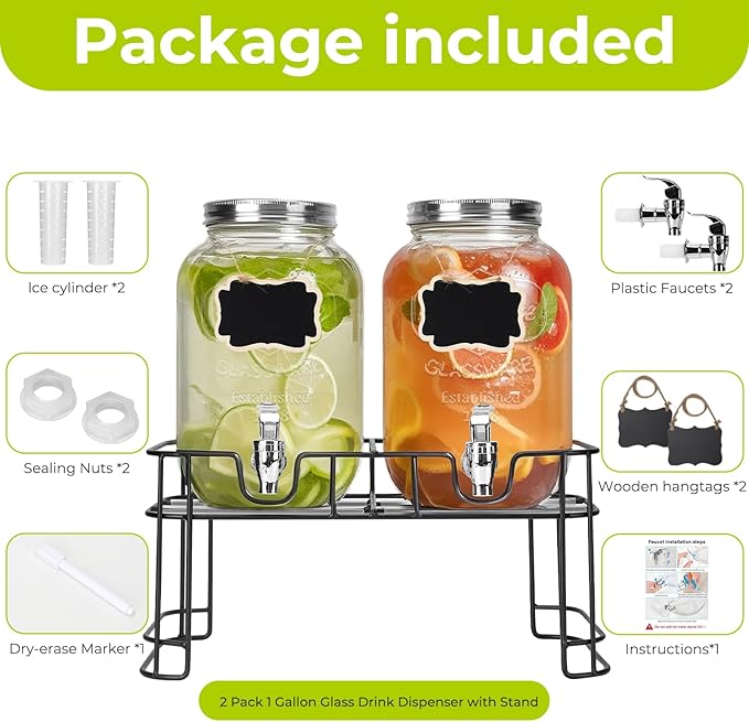 DHSBTLS 1 Gallon Glass Drink Dispensers, 2 Pack Clear Beverage Dispenser for Party, BBQ and Picnic, Juice Dispenser with Ice Core, Black Stand, Spigot, Markers and Chalkboard