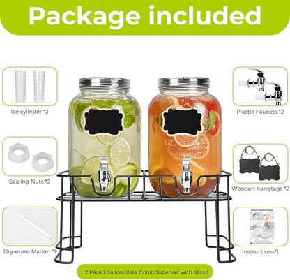 DHSBTLS 1 Gallon Glass Drink Dispensers, 2 Pack Clear Beverage Dispenser for Party, BBQ and Picnic, Juice Dispenser with Ice Core, Black Stand, Spigot, Markers and Chalkboard