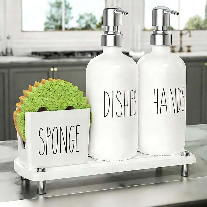 Cisily Kitchen Soap Dispenser Set Comes with Ceramics Sponge Holder, Gold Pumps, and Instant Dry Tray, Hand and Dish Soap Dispenser Set (4, Silver + White + Sponge Holder) by CISILYHOMELIFE