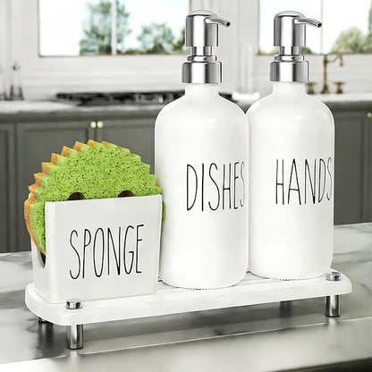 Cisily Kitchen Soap Dispenser Set Comes with Ceramics Sponge Holder, Gold Pumps, and Instant Dry Tray, Hand and Dish Soap Dispenser Set (4, Silver + White + Sponge Holder) by CISILYHOMELIFE