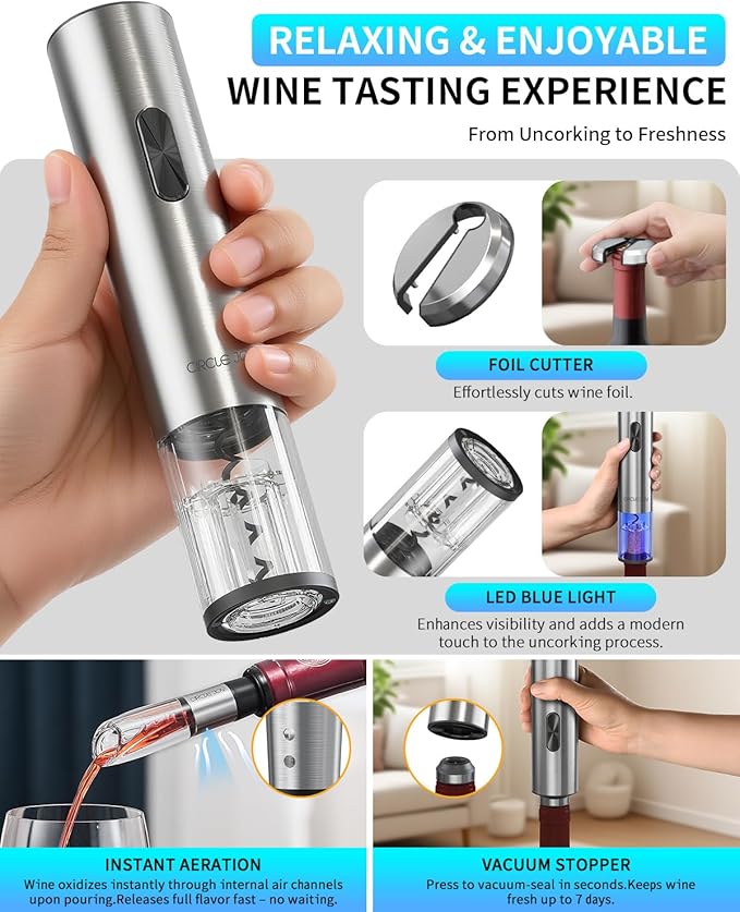 CIRCLE JOY Electric Wine Opener 7-in-1 Stainless Steel Rechargeable Electric Wine Bottle Opener Set with Automatic Vacuum Pump, Foil Cutter, Wine Pourer, 2 Vacuum Stoppers & Charging Station, Silver - Image 5
