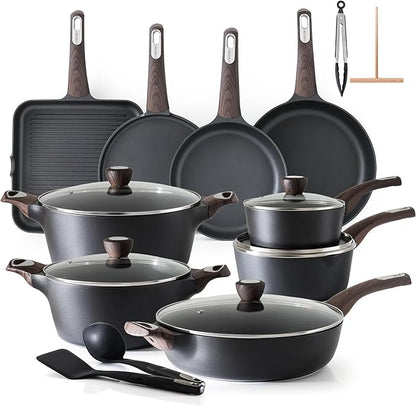 SENSARTE Pots and Pans Set Non stick, Non toxic Healthy Induction Cookware Sets, 26 Pcs Nonstick Kitchen Cooking Set, w/Frying Pans Set, Saucepans Set, Stockpots Set, PFOA PFOS Free, Black