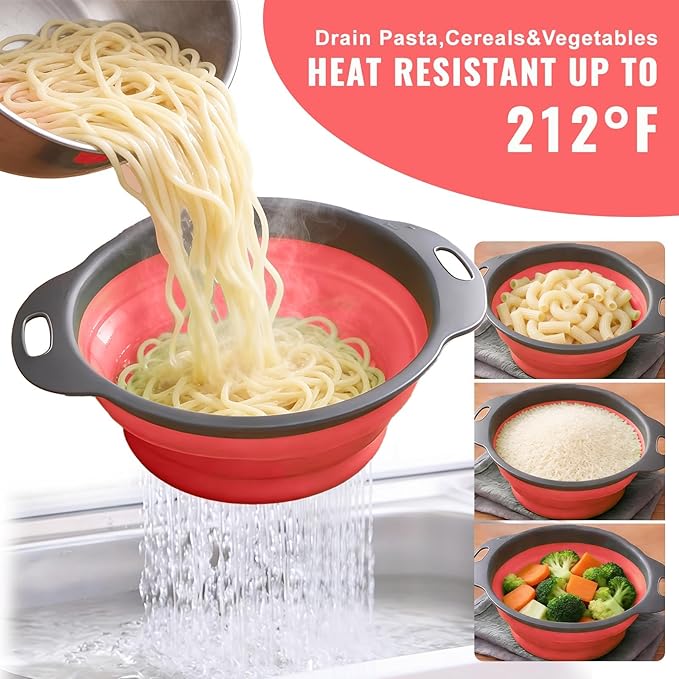 2 Pack Collapsible Silicone Colander with Handle, Over Sink Foldable Food Strainer, BPA-Free Space Saving Drain Basket for Vegetables, Fruits, Pasta, Kitchen & Camping (Red) - Image 4