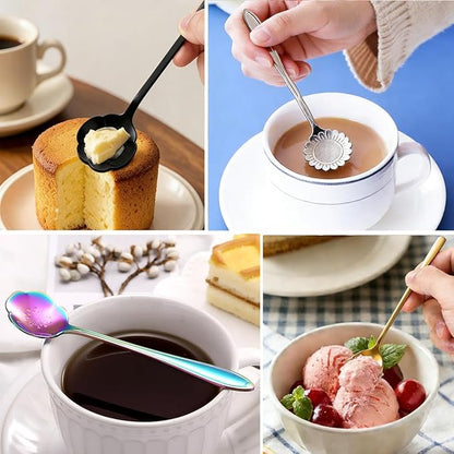 12 Pcs Flower Coffee Tea Spoons Set with Storage Bag, 4 Long & 8 Short Stainless Steel Teaspoons for Sugar Dessert Ice Cream Stirring, Cute Fancy Tableware for Tea Party Kitchen Cafe Bar(Gold)