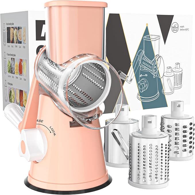 Cambom Rotary Cheese Grater Hand Crank Cheese Shredder for Fresh Cheese, Vegetable, Nuts,Non-slip Suction Base, Free Cleaning Brush Three Blades, Pink by Cambom