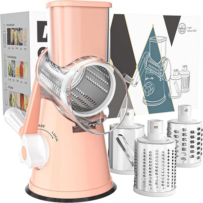 Cambom Rotary Cheese Grater Hand Crank Cheese Shredder for Fresh Cheese, Vegetable, Nuts,Non-slip Suction Base, Free Cleaning Brush Three Blades, Pink by Cambom