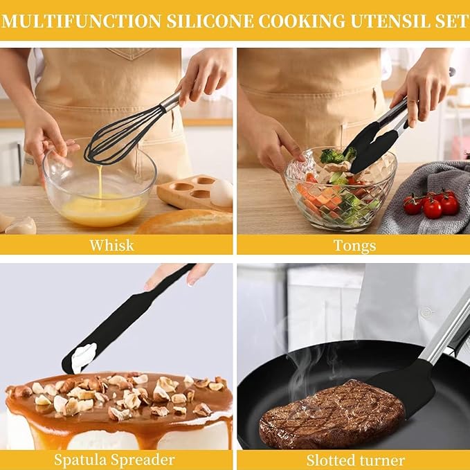 Silicone Kitchen Cooking Utensils Set with Stainless Steel Handle, Spatula Set Utensil Set, Cooking Utensil Set,Kitchen Tools Gadgets for Nonstick Cookware (35, Black) - Image 3