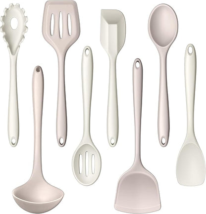 LIANYU 8Pcs Kitchen Utensils Set, Silicone Cooking Utensils Spatula Set for Nonstick Cookware, Include Silicone Spatula, Ladle, Turner, Spoon, Heat Resistant, Dishwasher Safe, Khaki White by LIANYU