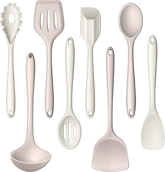 LIANYU 8Pcs Kitchen Utensils Set, Silicone Cooking Utensils Spatula Set for Nonstick Cookware, Include Silicone Spatula, Ladle, Turner, Spoon, Heat Resistant, Dishwasher Safe, Khaki White by LIANYU