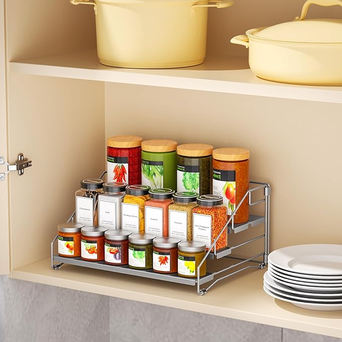 BOIVSHI 4 Tier Spice Rack for Cabinet, Spice Rack Organizer, Depth Adjustable Spice Organizer for Countertop, Cupboard, Pantry, Seasoning Shelf, Metal, Gray (1 Pack) - Image 6