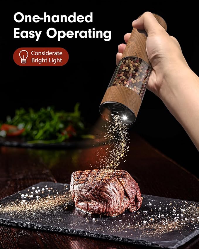 TOMEEM Upgraded Larger Capacity Electric Salt and Pepper Grinder Set Rechargeable with LED lights, Stainless Steel Automatic Pepper and Salt Grinder Refillable with 5 Adjustable Coarseness Wood Grain - Image 2