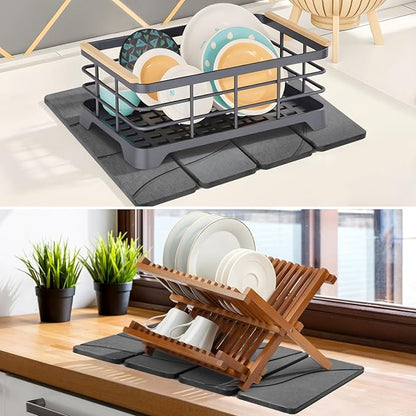 Small Stone Dish Drying Mat for Kitchen Counter, 2 PCS 16"×12" & 8"x4" Quick Dry Stone Mats, Foldable Water Absorbing Diatomite Drying Dish Pad for Countertop Bottles Utensils Cups(Carved Gray) - Image 6