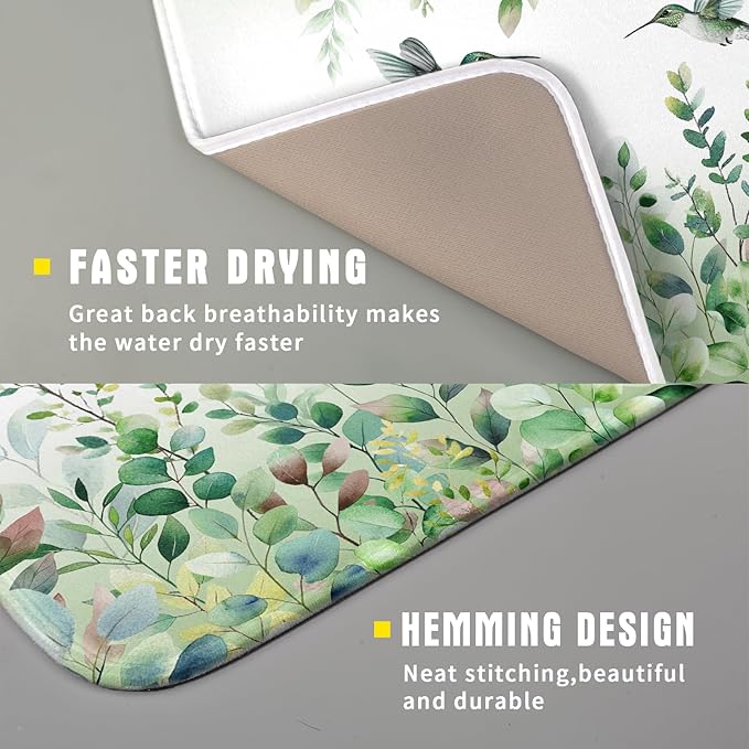 Giwawa Hummingbird Dish Drying Mat for Kitchen Countertop, Spring Summer Sage Green Eucalyptus Leaves Dish Drainer Mats, Herb Botanical Microfiber Dish Drying Pad Home Decor, 16"x18", Small