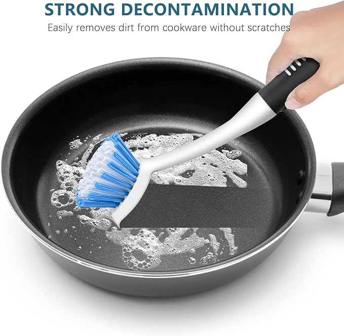 SetSail Dish Brush Set of 3 with Bottle Brush, Dish Scrub Brush with Long Handle Deep Cleaning Handle Brush with Scraper Tip for Kitchen Sink Dishes Bottle Cup Pot and Pans Tile Lines, Black Blue - Image 4