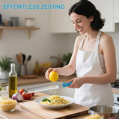 Zester Grater, Lemon Zester Grater with Handle, Premium Stainless Steel Citrus Zester for Parmesan, Garlic, Chocolate, Ginger, Non-Slip Grip, Safety Cover & Cleaning Brush, Blue