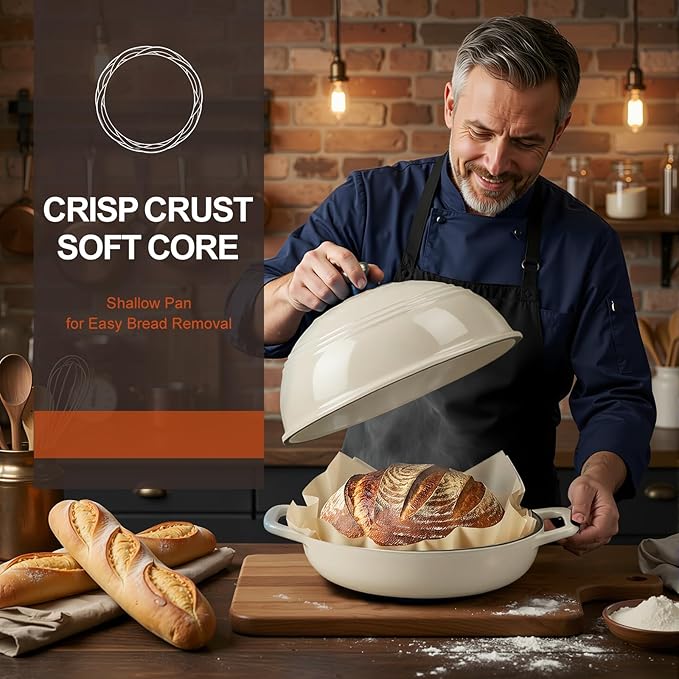 Overmont Enameled Cast Iron Bread Oven - 6QT Bread Dutch Oven for Sourdough Baking - Bread Pot with Dome Lid Cotton Potholders & Cookbook - Multi-Functional Bread Pan For Baking Frying Roasting - Image 7